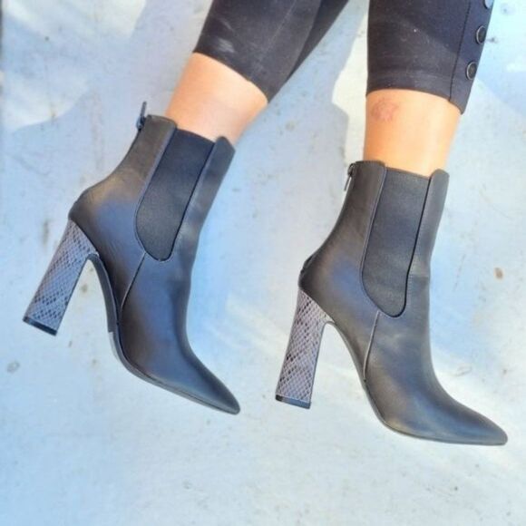 Ankle Zip Boots Pointed Toe Chunky Printed Block Heels - Picture 1 of 7